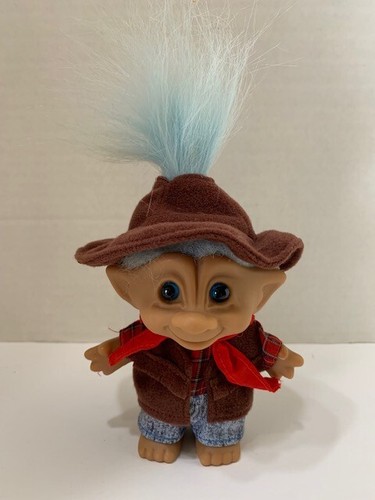 Vintage Ace Neuheit Cowboy Troll mit hellblauen Haaren, Augen & Wunschstein im Bauch