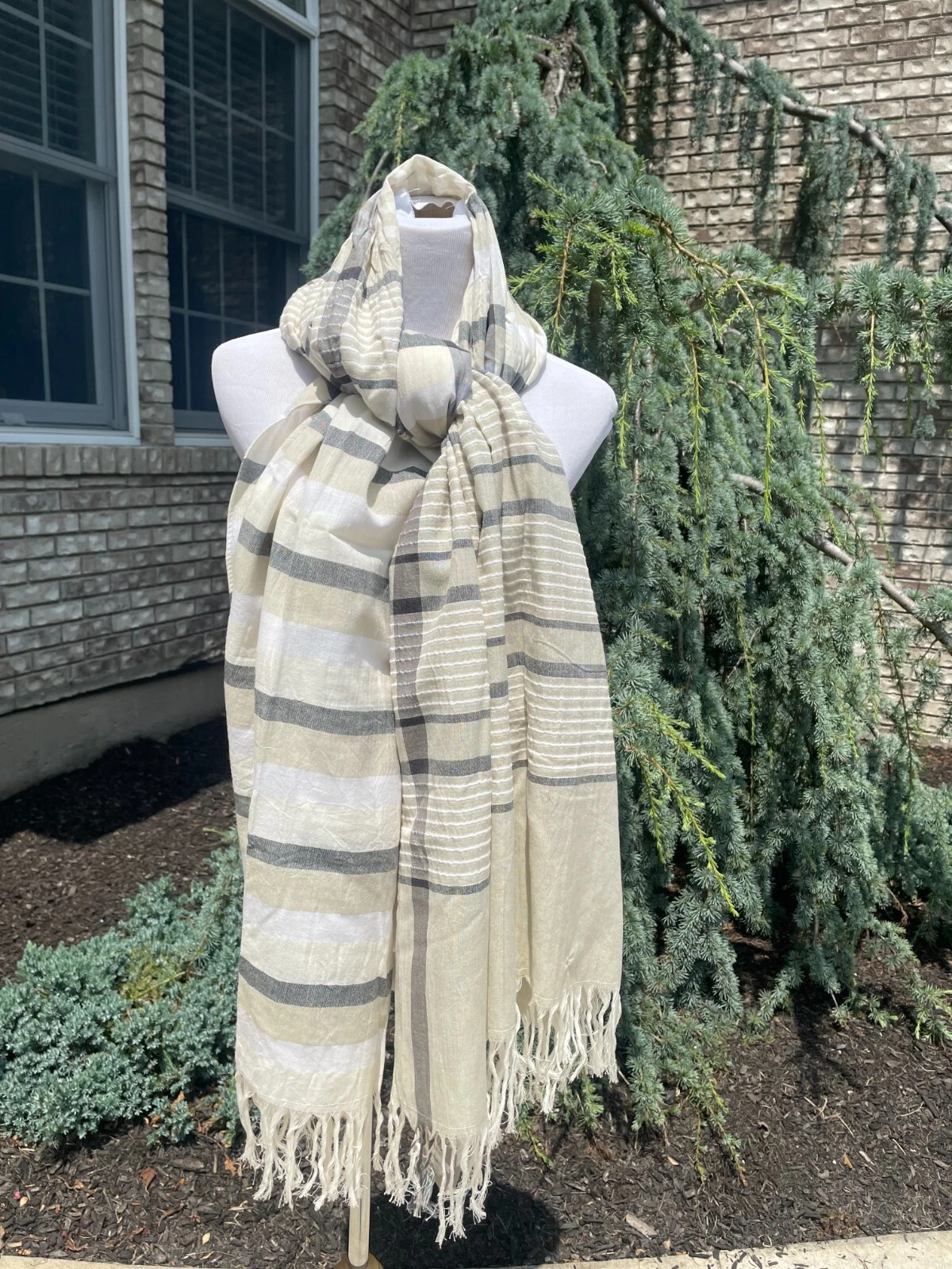 prAna LINDELL SCARF Women's Wrap Accessory Ivory Beige Gray Fringe Outdoor New