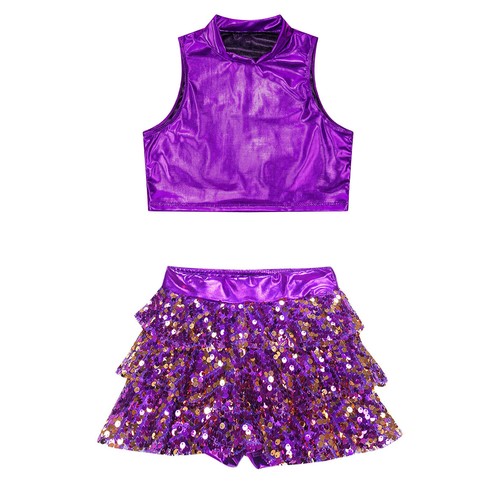Kids Girls Ballet Dance Dress 2-Piece Metallic Shiny Lyrical Latin Dancewear - Picture 21 of 39