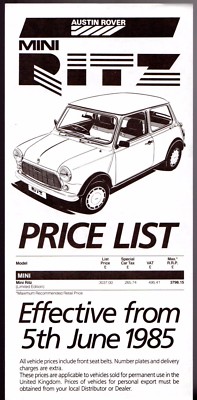 Austin Mini Ritz Limited Edition Price List 1985 UK Market Single Sheet Brochure