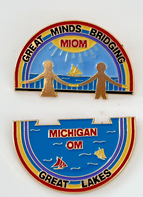 Vintage Michigan MI Odyssey of the Mind Pin 2 Piece set Rainbow Great Lakes MIOM