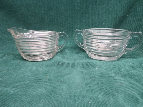 Vtg Sugar & Creamer Bowl Anchor Hocking Manhattan Pattern Depression Glass Clear