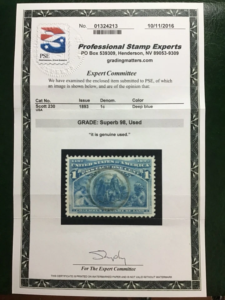 US Scott #230 1c Columbian Blue Superb Used Fancy Cancel PSE Graded 98 (1893) - Image 2 of 2