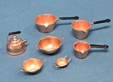 Vintage Dollhouse Miniature Metal Copper Pots Pans Kettle Cookware Kitchen