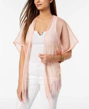 Cejon Swiss Dot Fringe High-Low Kimono (Pink, One Size)