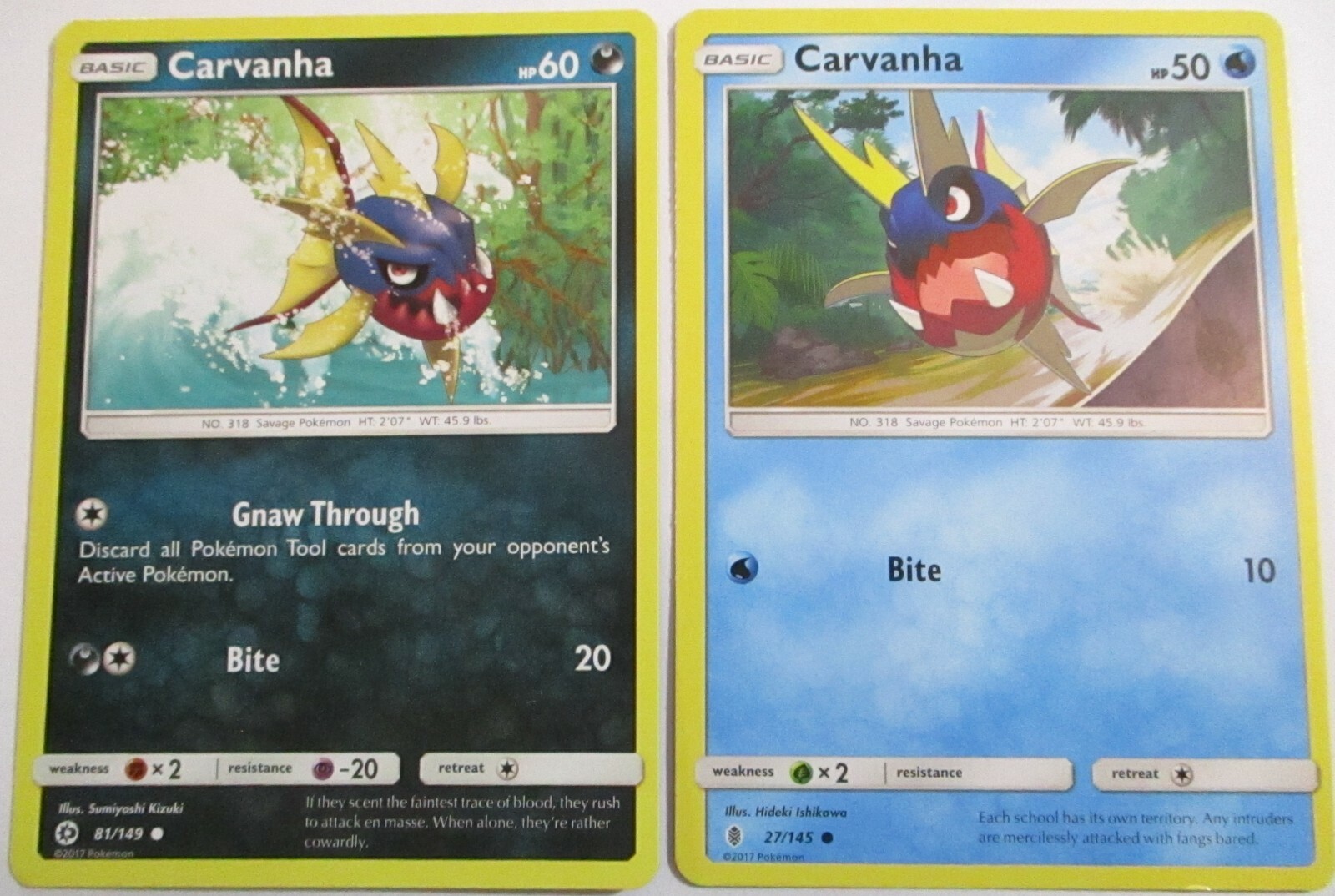 Carvanha 81/149 Sun & Moon & 27/145 Guardians Rising 2 Pokemon Card