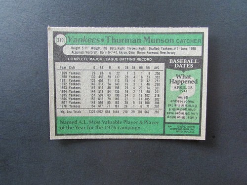1979 Topps Baseball Card #310 Thurman Munson - 第 4/4 張圖片