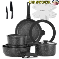17pcs Nonstick Cookware Set Stackable Detachable Handle Oven Safe Induction New