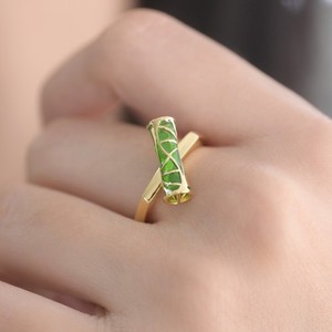 Authentic Luxury Gold Plated Bamboo Green Enamel Ring S925 Silver Fine Jewelry