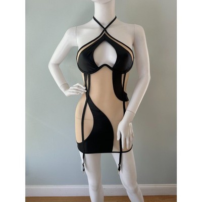 NWT Fashion Nova Addicted To You Garter Chemise S Black Nude Mesh Bodysuit
