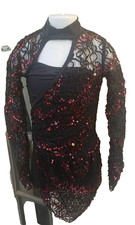 Balera Sequin Lace Girls Leotard Short Black Red Long Sleeve Size MC/S