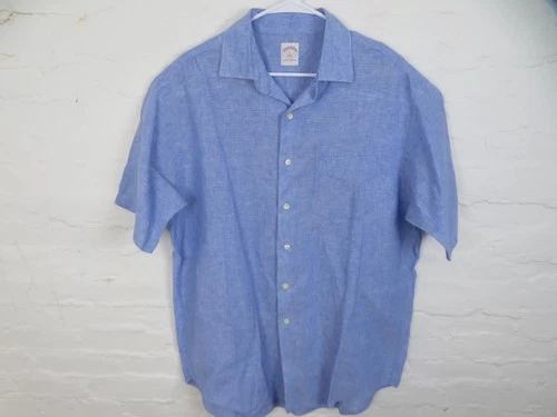 Vintage Brooks Brothers Shirt Mens Large Blue Linen Camp Collar 90s Short Sleeve