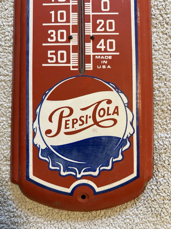 Pepsi Cola Vint. Placa com origem. Termômetro 27” tampa de garrafa de metal publicidade - Imagem 4 de 4