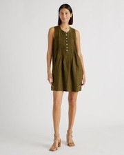 Quince Women 100% European Linen Sleeveless Swing Dress Martini Olive XS