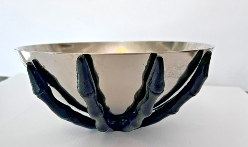 Halloween Black Skeleton Hand Silver Metal Candy Serving Bowl Decor