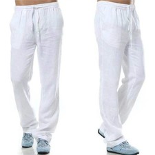 Men's Cotton Linen Pants Male Autumn New Breathable Solid Color Linen Trousers F