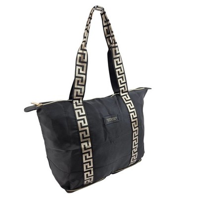 Versace Damen Packable Shopping Tote Bag Schwarz Gold Griechisches Schlüsselmuster Groß