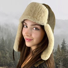 Winter Shearling Sheepskin Leather Trapper Hat  Russian Ushanka Aviator Cap