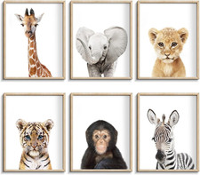 Set of 6 Baby Safari Nursery Wall Decor - Picture Cute Animal Wall Prints on Can
