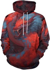 3D Red Dragon Hoodie Fire Smoke Design Unisex Fantasy Streetwear Pullover