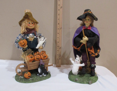 Lot of 2 Halloween Decor Scarecrow & Witch 13'' Adorable Fabric Mache (as is)