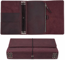 Leather Journal Cover A5 - Refillable Notebook Cover with 6 Elastic Bands, Zippe