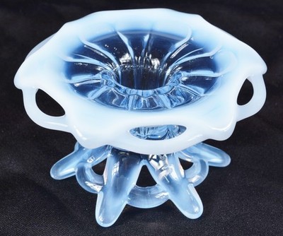 Vtg. 1940s Duncan Miller Candleholder Opaque Blue Opalescent Glass Canterbury