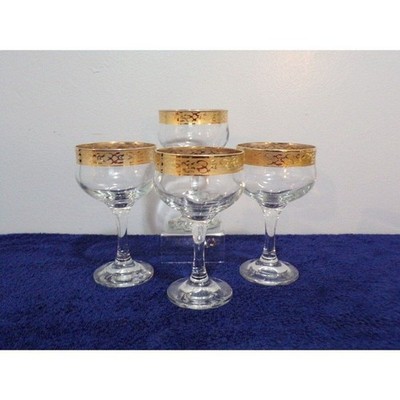 Vintage Hollywood Regency Cocktail Retro Stemware Glasses w/Gold Trim Set of 4