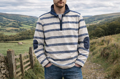 Fat Face Mens 1/4 Zip Jumper Large Blue White Stripes Airlie Sweater Outdoors vg