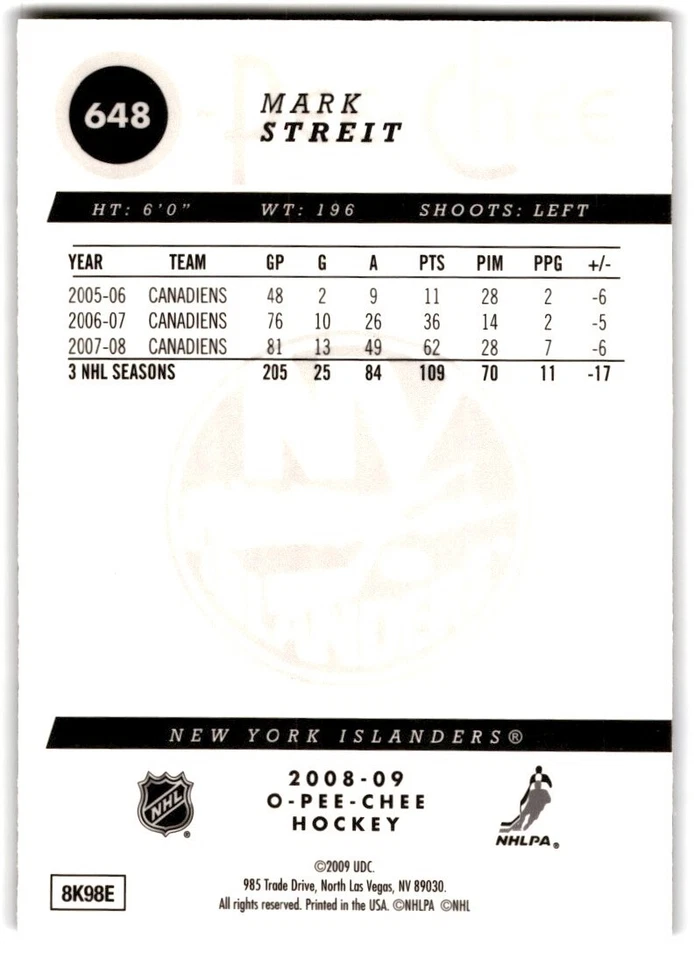 2008-09 O-Pee-Chee Metal Mark Streit #648 New York Islanders - Image 2 of 2