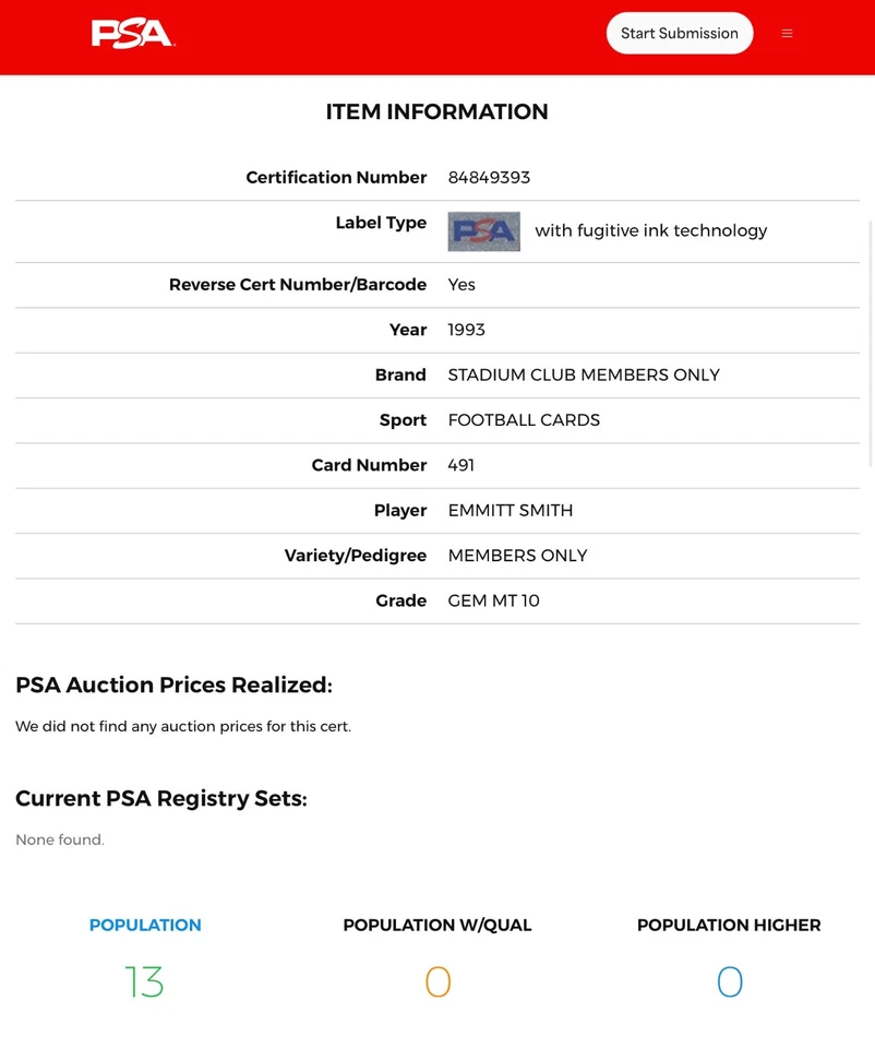 Stadium Club 1993 (solo MBR) — Emmitt Smith — cuarto año — 💎 Como nuevo PSA 10 — pop13 Foto 3 de 3