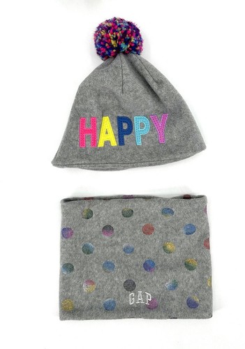 Gap Fleece Beanie Hat & Scarf Neck Warmer Girl’s Small - Med Gray Happy Graphic - Picture 2 of 8