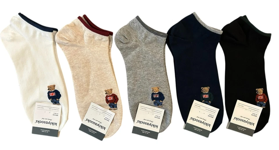 Men's Teddy Bear Ankle Socks–Set of 5 with Union Jack Design–Cute & Cozy Gift