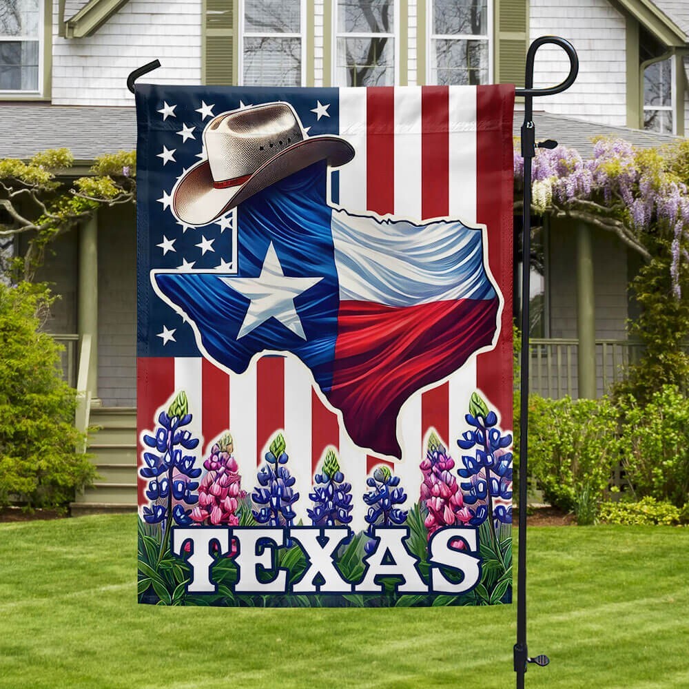 Texas Bluebonnet Garden Flag with American and State Pride  