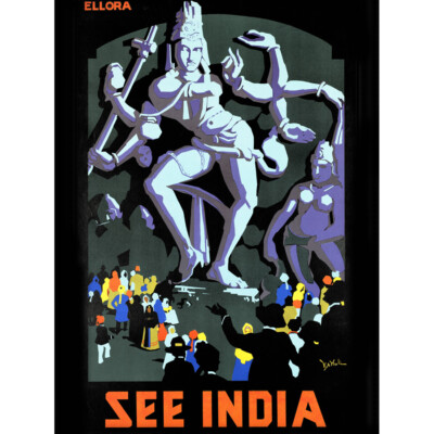 Ellora Caves Indien Tanzen Shiva Statue Reise Werbung Leinwand Kunstdruck Poster