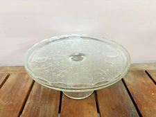 Jeanette Glass Depression Pedestal Vintage Scalloped Harp Pattern Cake Plate