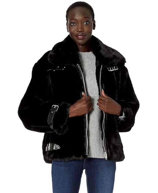 The Kooples Bomber Faux Fake Fur Jacket with Leather Black Size 1
