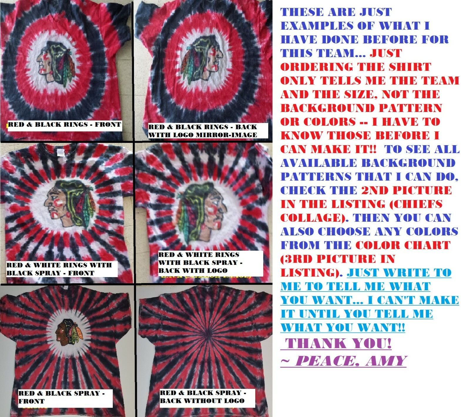 ALTRA Camicia tie dye fatta a mano ADULTO HOCKEY: BLACKHAWKS BLUES CAPITALS PREDATORS SABRE