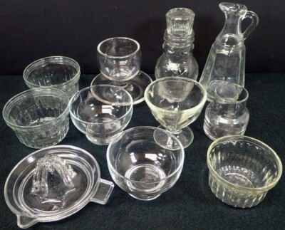 (11) vintage kitchen glassware tableware bowls juicer dishes figural bottle cups