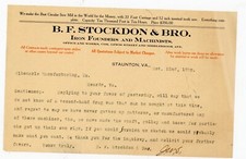 1908 BF Stockdon & Bro Letter Staunton VA Iro...