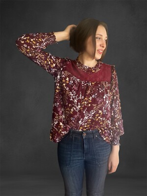 Romantic Free People Style Womens Top Burgundy Floral Lace Poet Sleeves Sz S/M