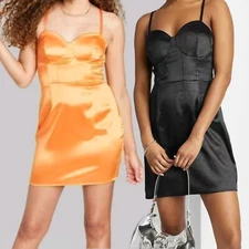 Wild Fable Women's Sleeveless Corset Satin Bodycon Dress Lace up Back