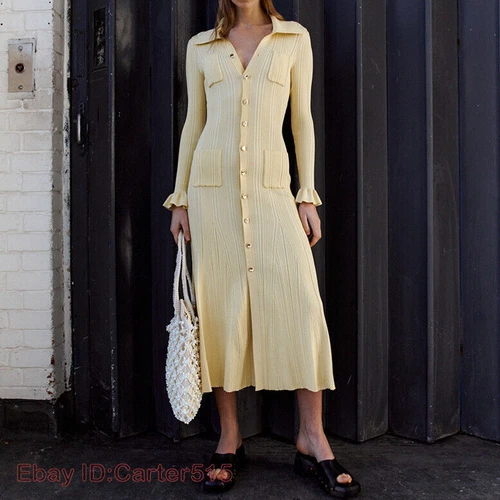 French Style Long Sleeve Women Mid Long Dresses Single Breasted Knitted Slim Fit