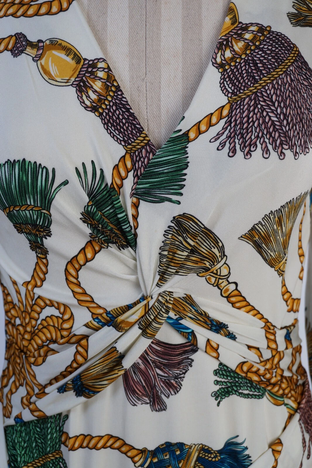 RARO Abito Moschino Couture Stampa Corda Cintura Bianco AUTENTICO TG 42 Scollo a V