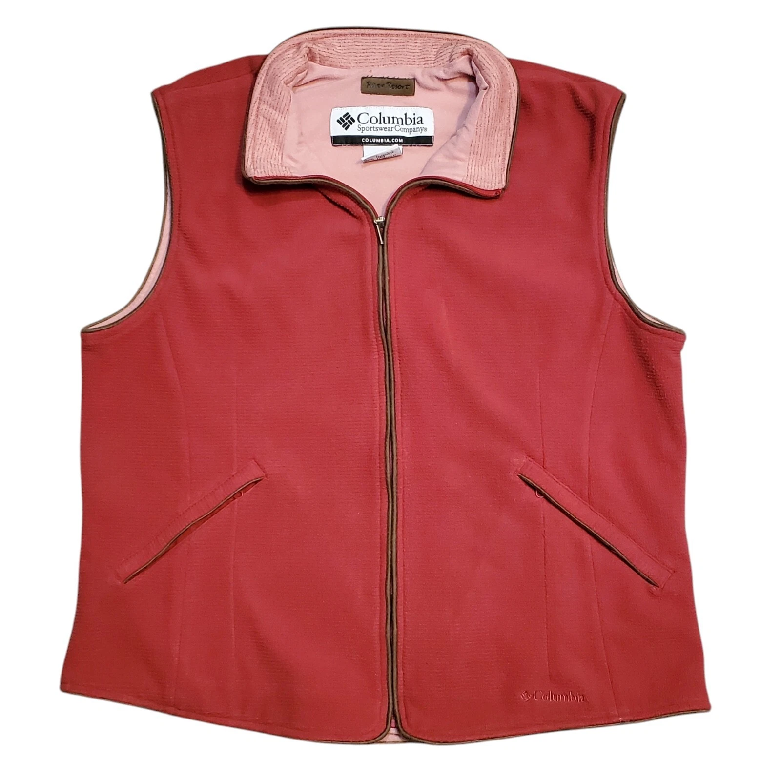 VETEMENTS Giubbotto Columbia in pile testurizzato rosa scuro con bordo marrone donna grande morbido elasticizzato