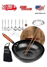 Carbon Steel Wok Pan, 14 Piece Woks & Stir-Fry Pans Set with Wooden Lid Cookware