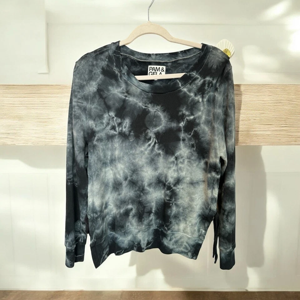 PAM & GELA Side Split Black Gray Tie Dye Sweatshirt Size Medium - Image 2 of 4
