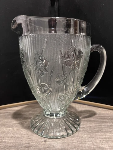 Vintage Jeannette Footed 54oz Pitcher Iris Herringbone Clear Depression Glass