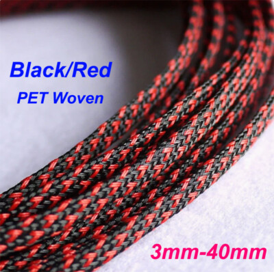 Black/Red PET Woven/Snake Skin Mesh Flame Retardant Wire Protection Cover 3-40mm