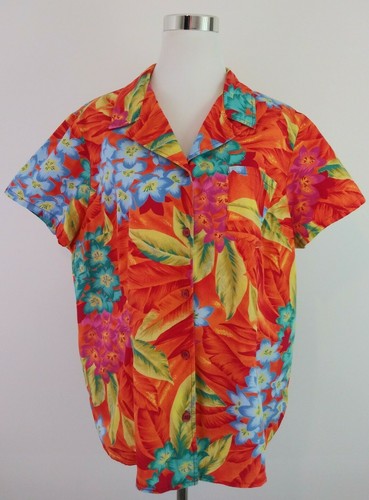 Sag Harbor Size 1X Orange Hawaiin Floral Short Sleeve Tropical Button Down Top